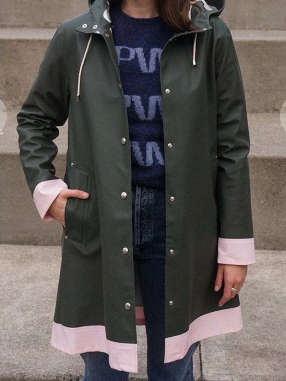 Stutterheim Olive Green Hooded Raincoat with Pink Trim-Size S